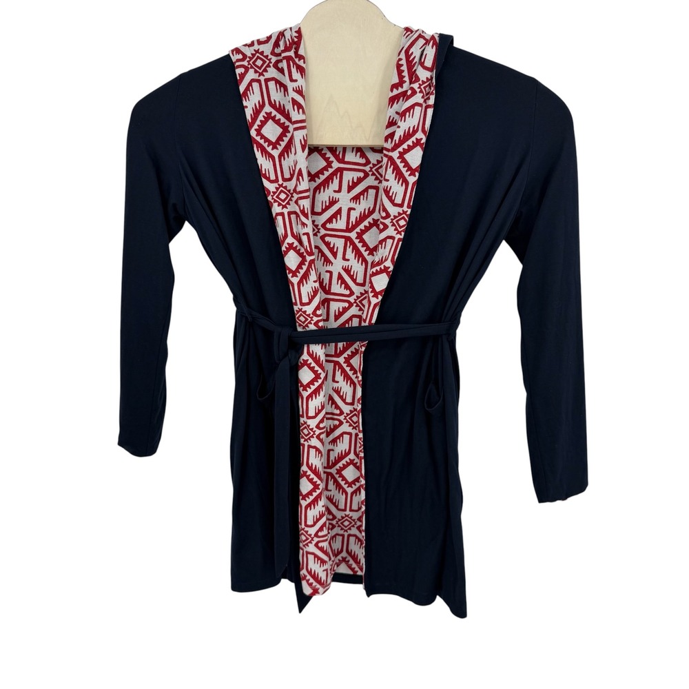 Puella Cardigan Women M Navy Blue Hooded Tie Waist Geometric Boho